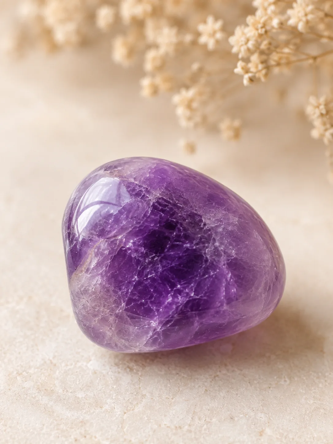 Close-up of polished amethyst tumble stone with natural crystal texture