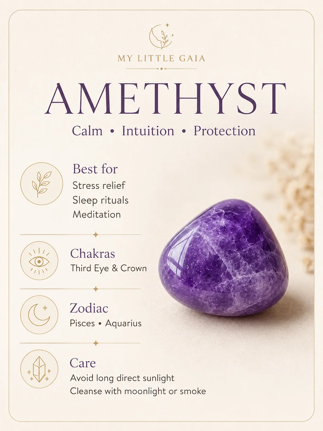 Amethyst tumble stone guide with benefits, chakra, zodiac and care information
