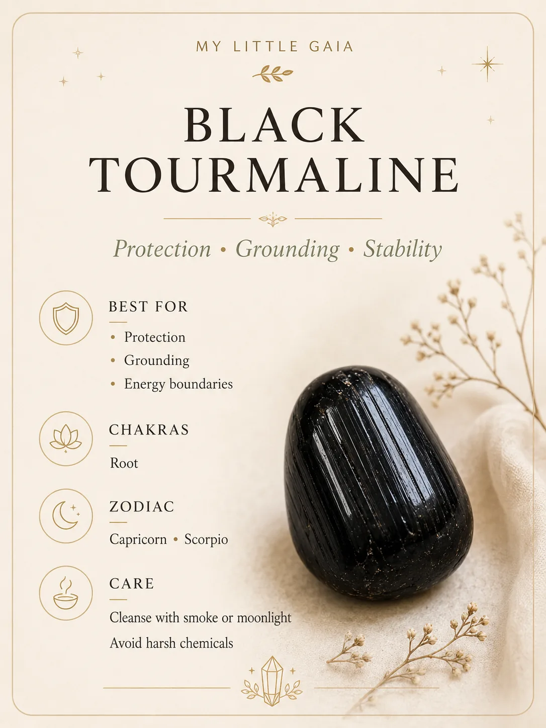 Black Tourmaline tumble stone guide with benefits, chakra, zodiac and care information