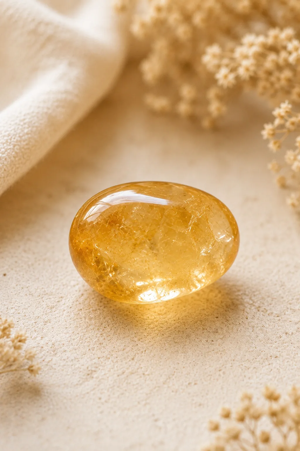 Close-up of polished citrine tumble stone with natural crystal texture