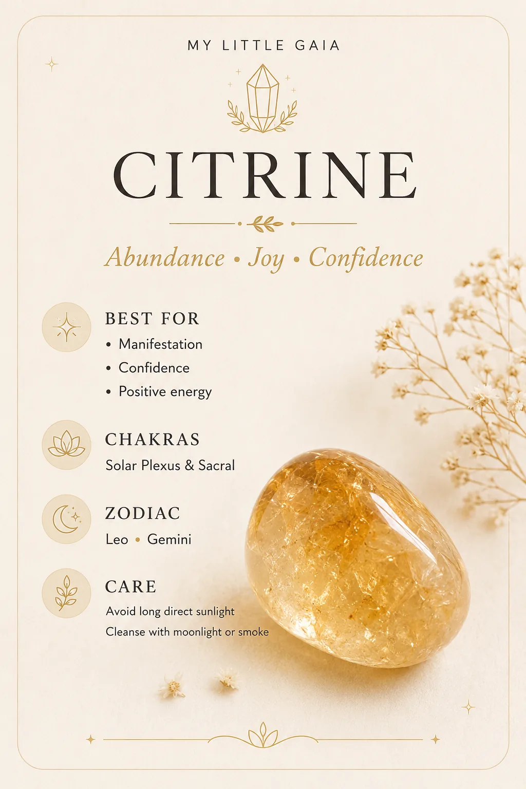 Citrine tumble stone guide with benefits, chakra, zodiac and care information