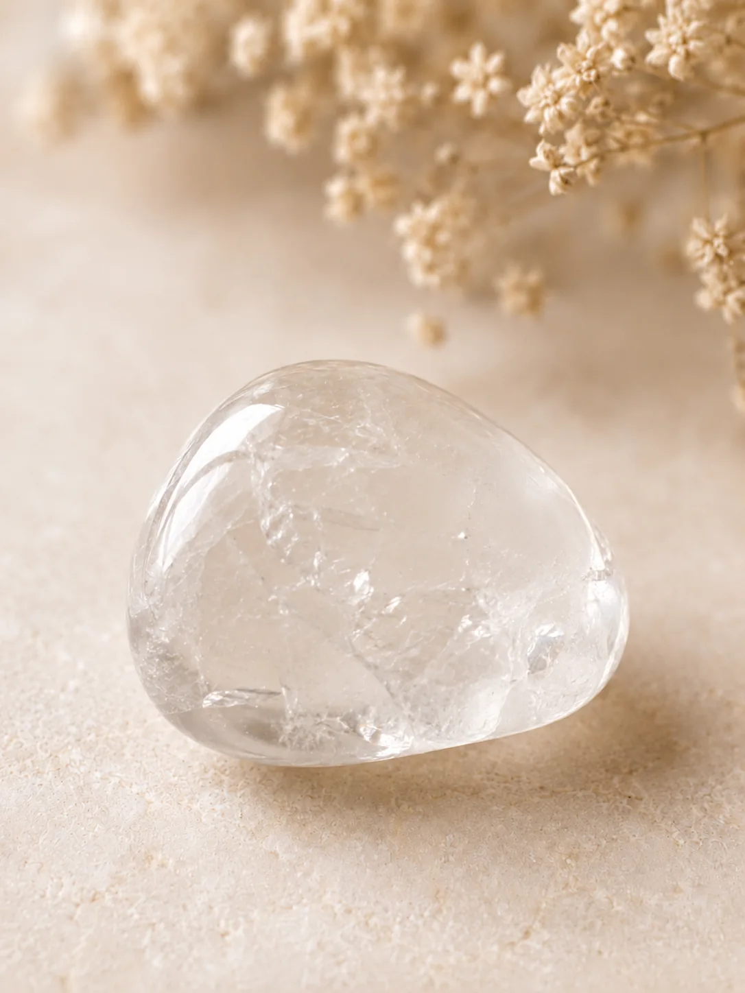 Close-up of polished clear quartz tumble stone with natural crystal texture