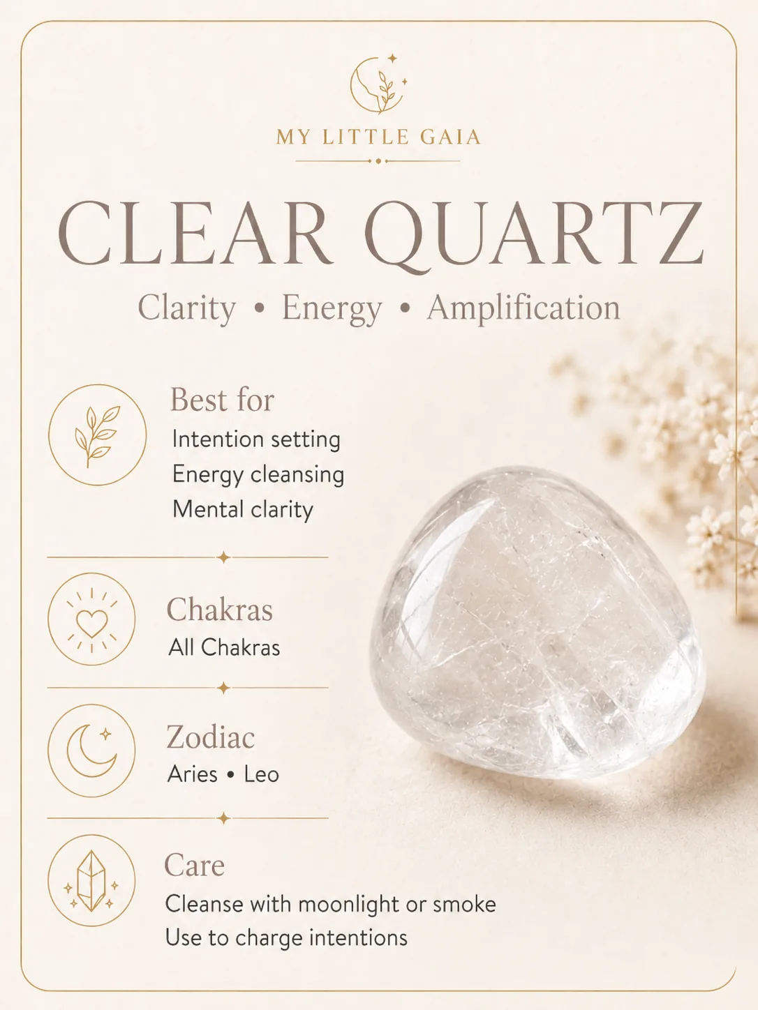 Clear Quartz tumble stone guide with benefits, chakra, zodiac and care information