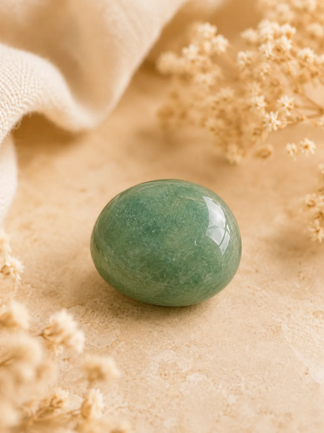 Close-up of polished green aventurine tumble stone with natural crystal texture