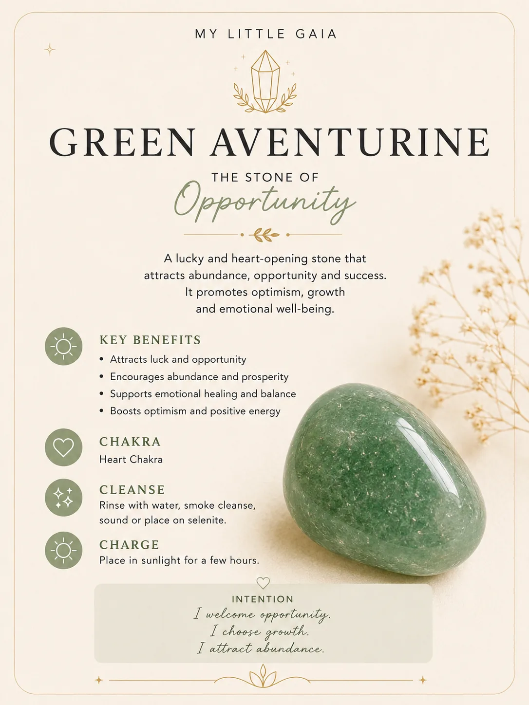 Green Aventurine tumble stone guide with benefits, chakra, zodiac and care information