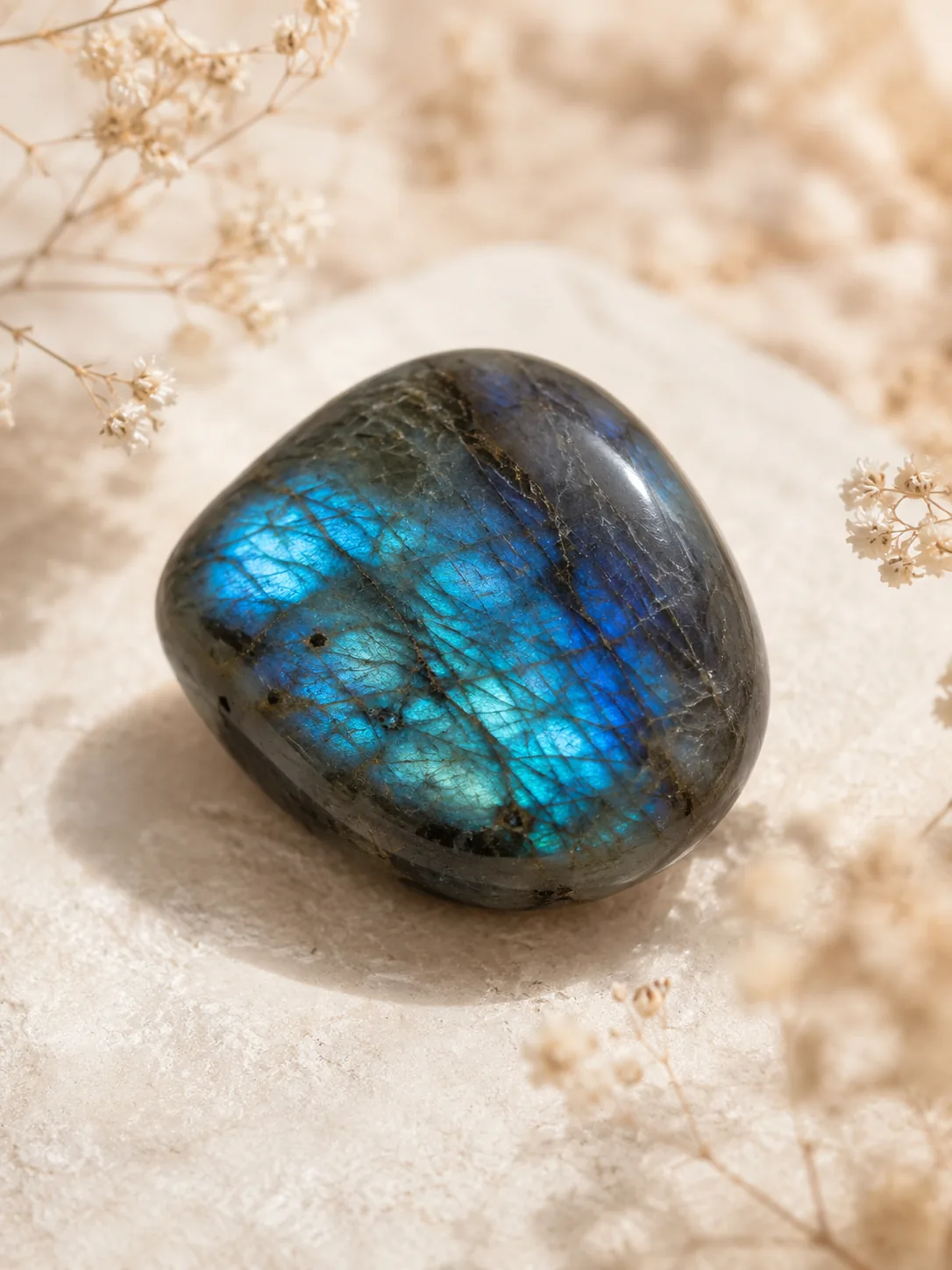 Close-up of polished labradorite tumble stone with natural crystal texture