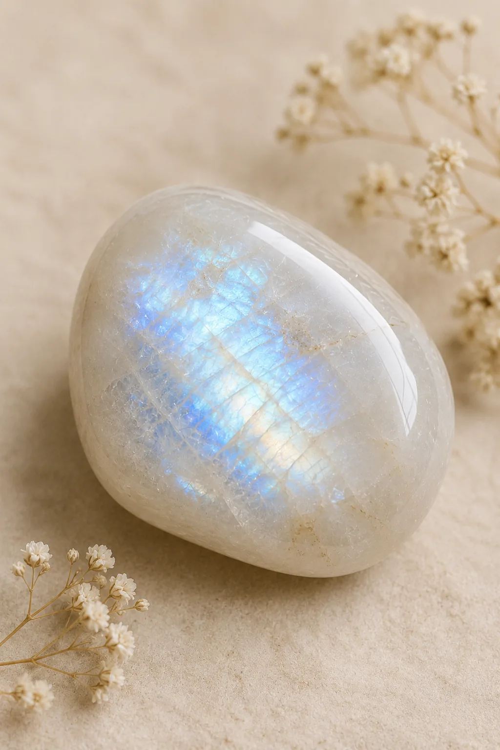 Close-up of polished moonstone tumble stone with natural crystal texture