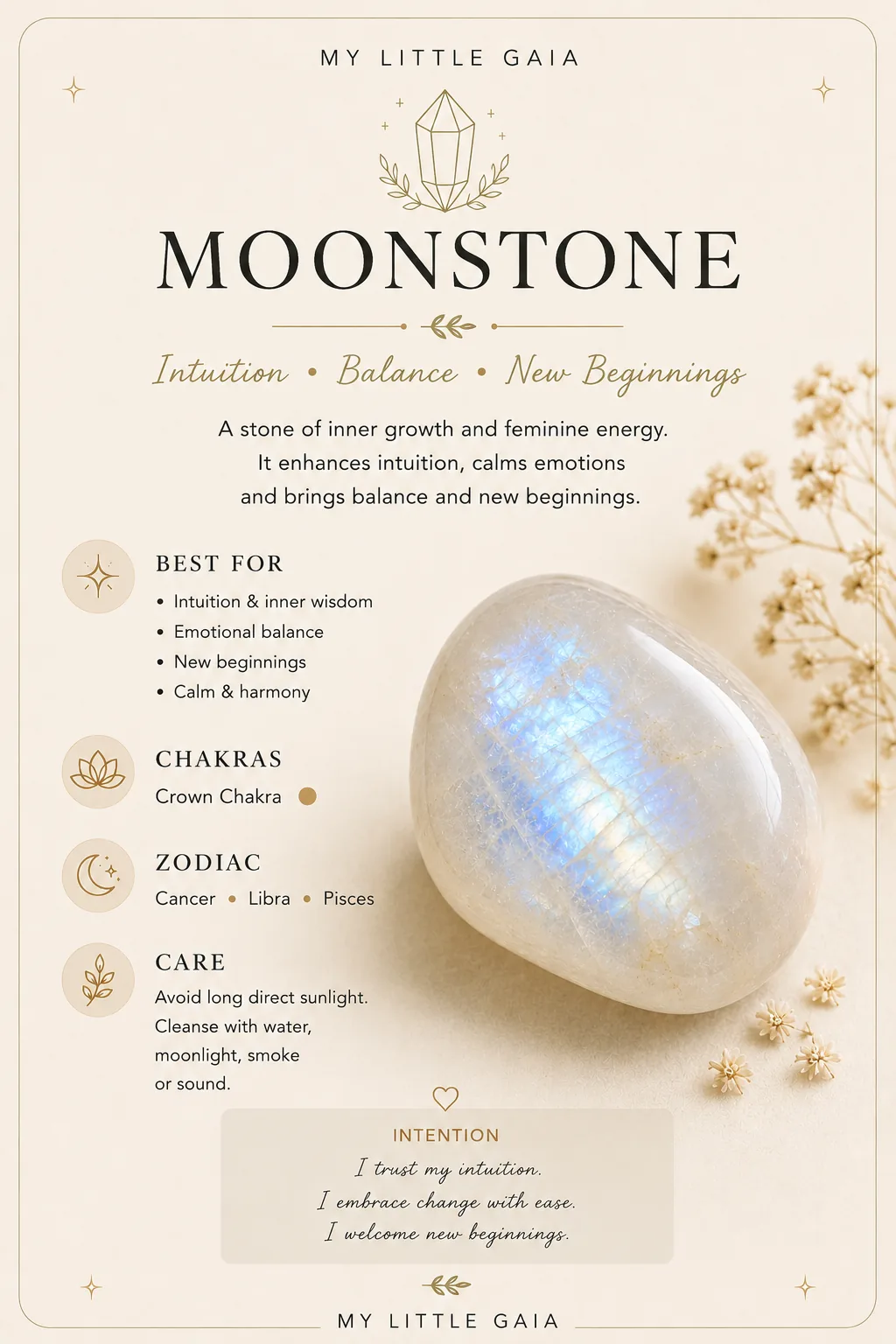 Moonstone tumble stone guide with benefits, chakra, zodiac and care information