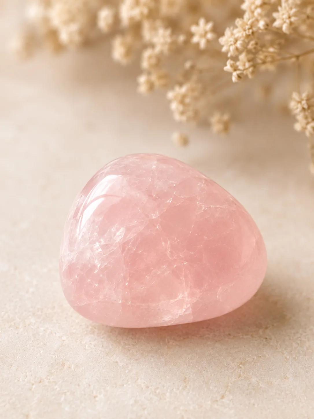 Close-up of polished rose quartz tumble stone with natural crystal texture