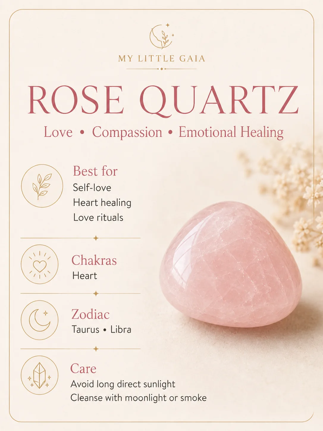 Rose Quartz tumble stone guide with benefits, chakra, zodiac and care information