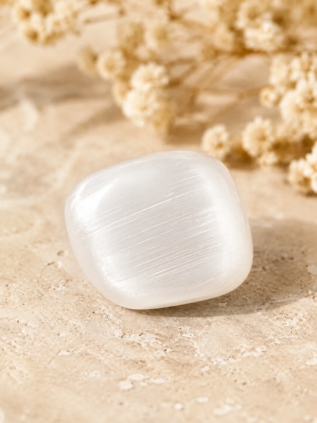Close-up of polished selenite tumble stone with natural crystal texture