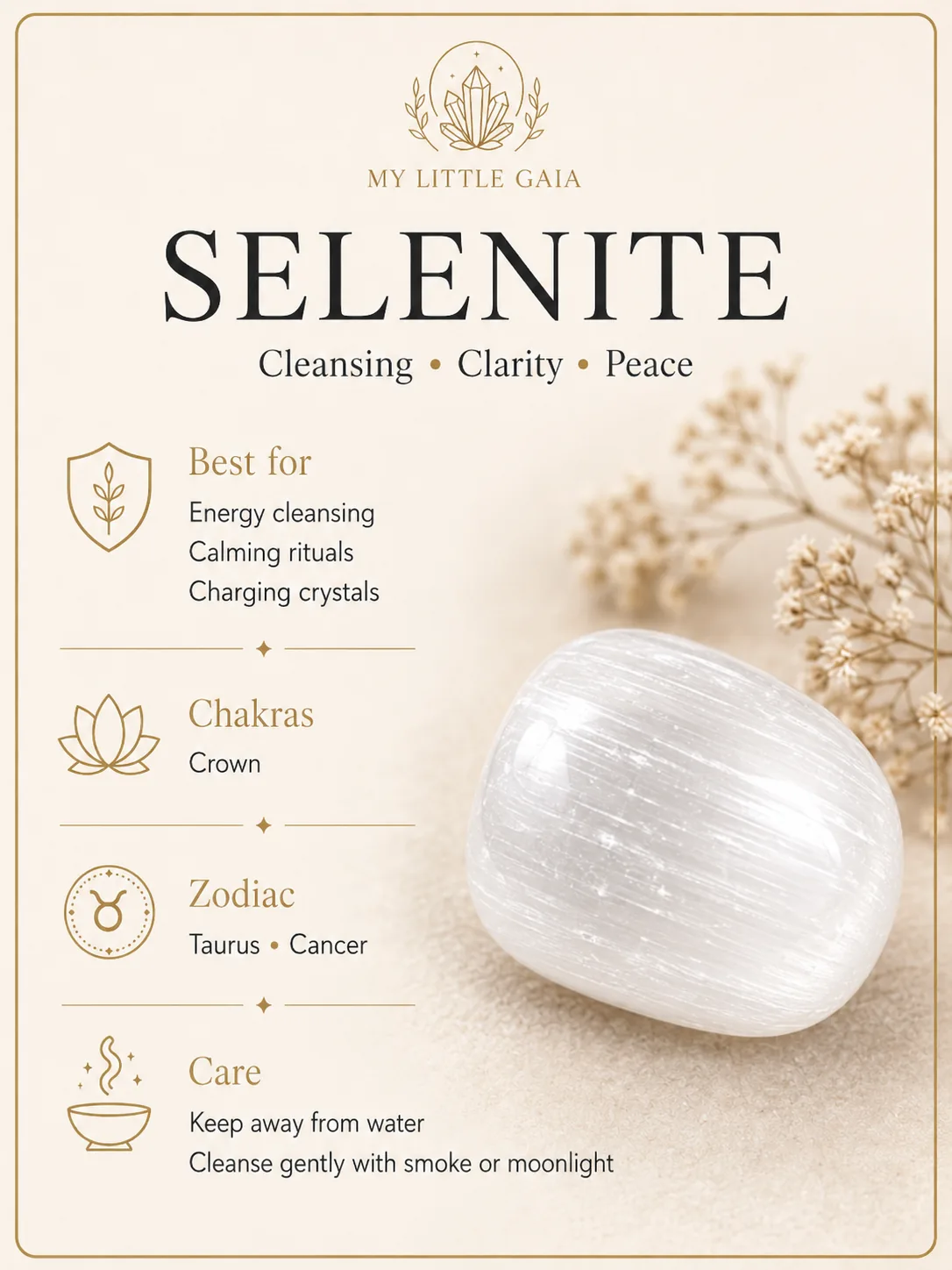 Selenite tumble stone guide with benefits, chakra, zodiac and care information