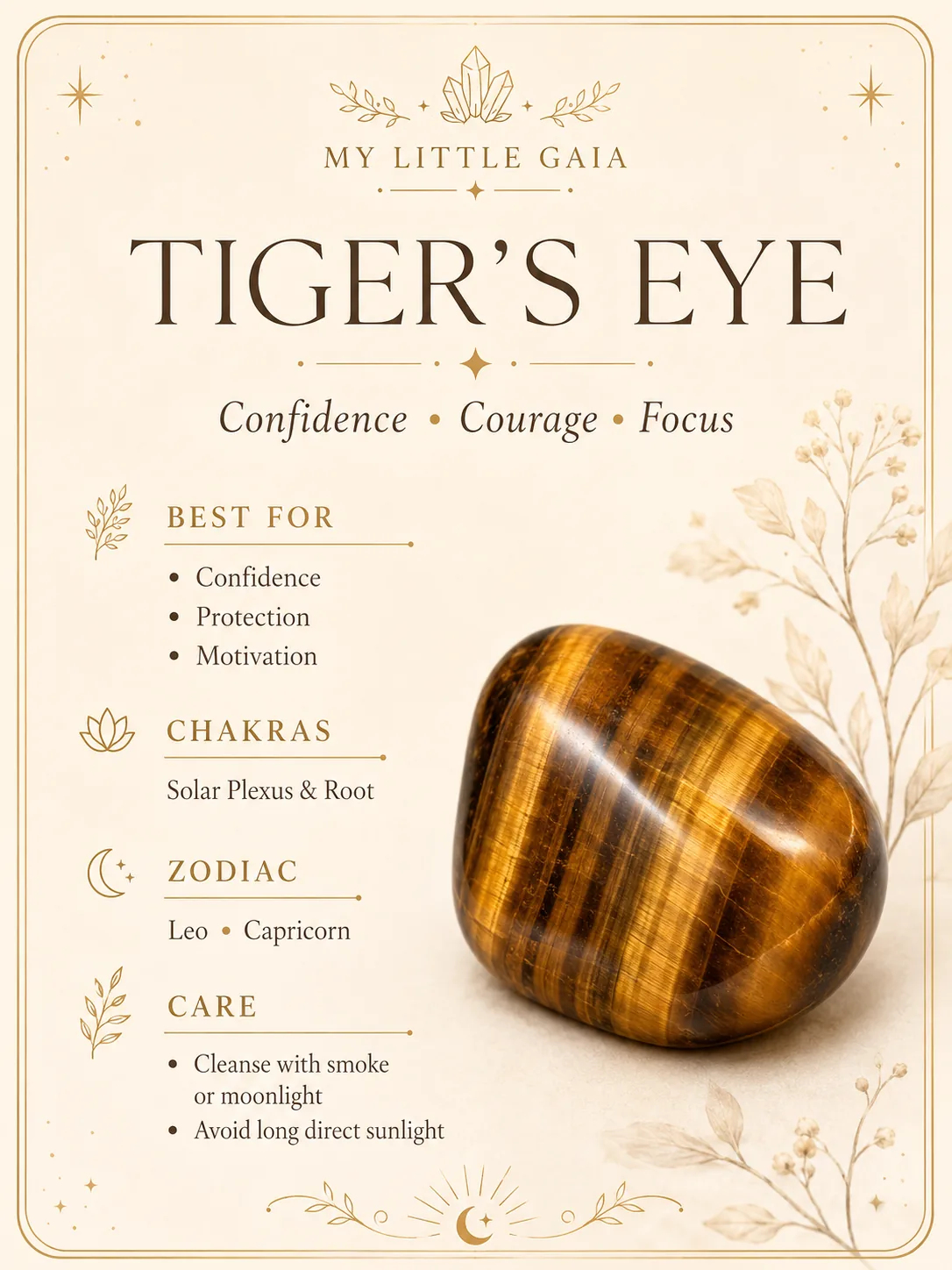 Tiger’s Eye tumble stone guide with benefits, chakra, zodiac and care information
